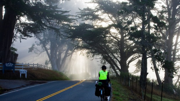 Pam riding Pacific Coast Highway early in the morning with some light fog.