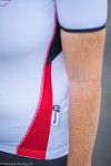A close-up of the sleeve of a short sleeved Santini cycling jersey