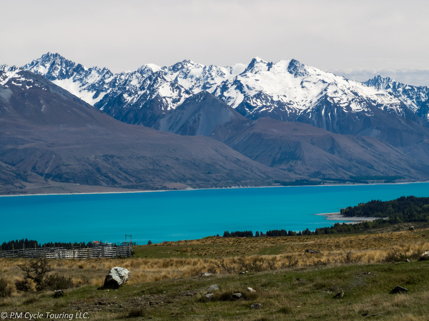 Teal blue Lake Pukaki and snow capped mountains
